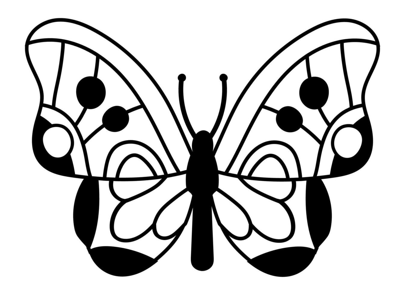 Butterfly with open wings showing a decorative pattern in black and white, ideal for coloring books, illustrations, and graphic design projects vector