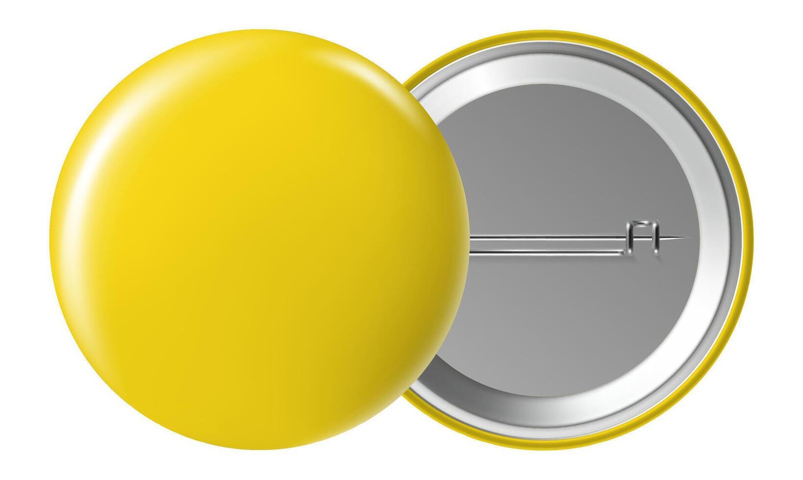 Yellow blank badge displaying both front and back sides, featuring a pin button resting on a clean white background. Ideal for branding, advertising, or promotional use vector