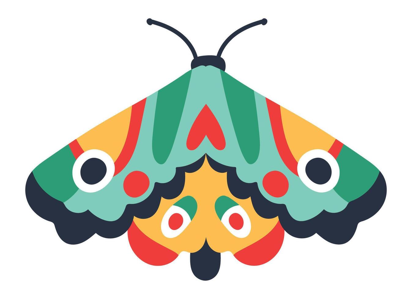 Colorful moth spreading its bright wings with heart shapes, showing a vibrant and playful design, perfect for children's illustrations or nature inspired projects vector