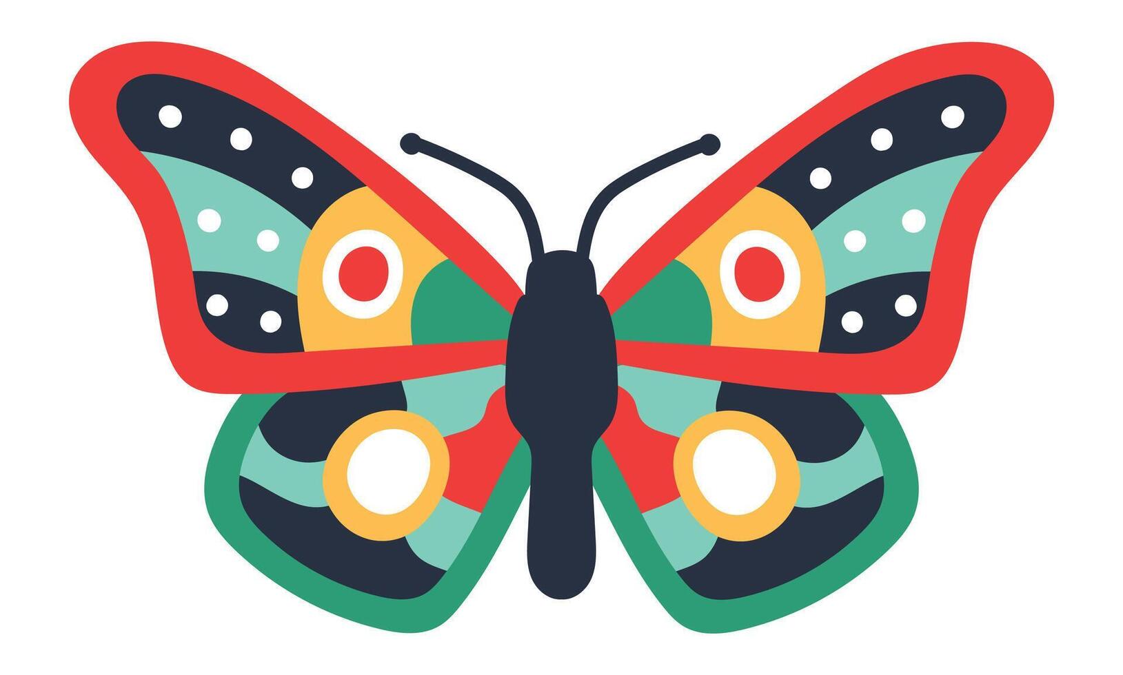 Stylized drawing of a butterfly with open wings, featuring red, green, yellow, white, and black colors in a vibrant and eye catching design vector