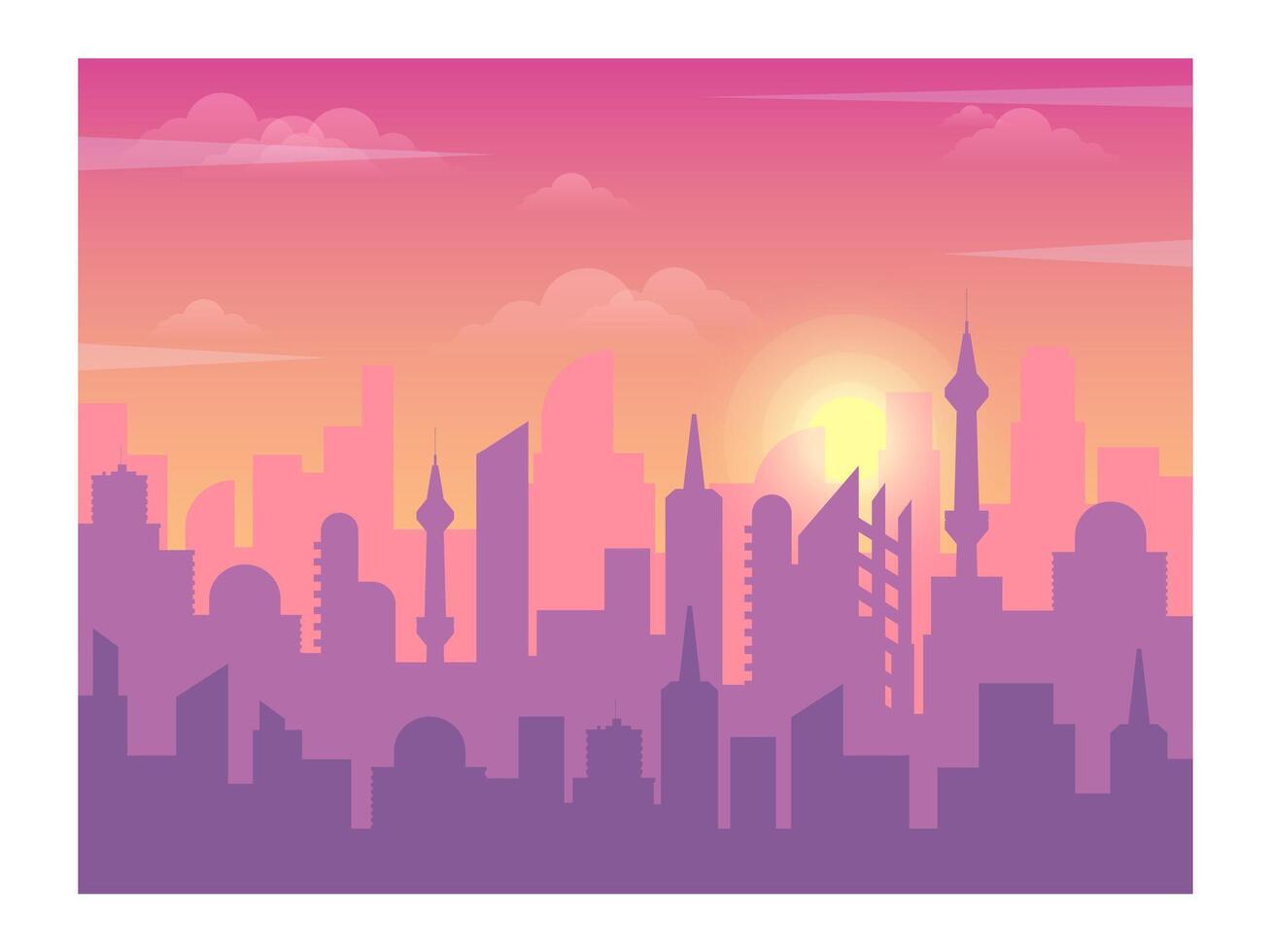 Urban skyline silhouette featuring modern buildings rising against a stunning sunset backdrop, with vibrant pink and orange hues painting the sky, creating a captivating cityscape vector