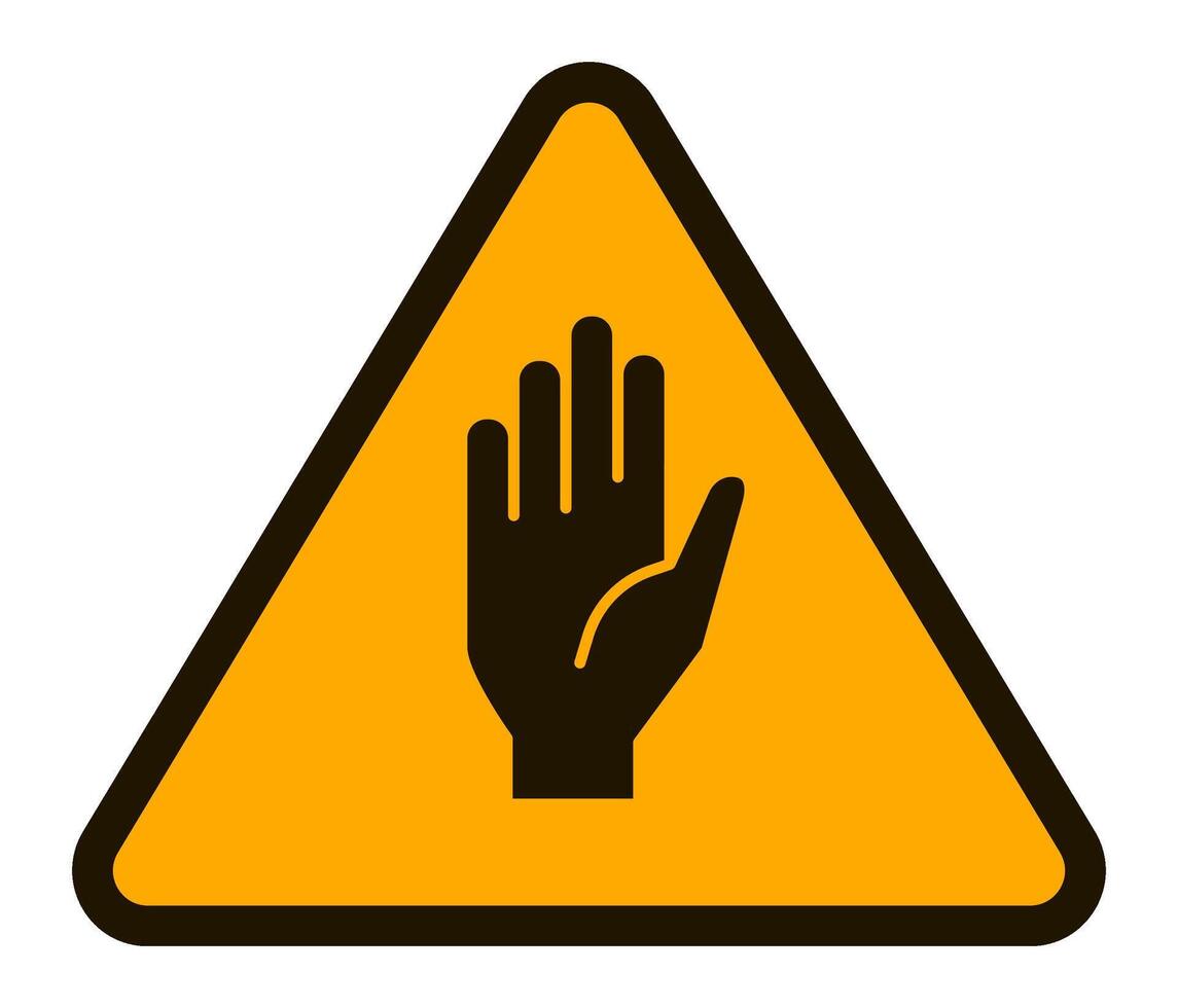 Stop hand signal is depicted inside a yellow triangular warning sign with a black border, representing a clear message to halt or cease any further action vector
