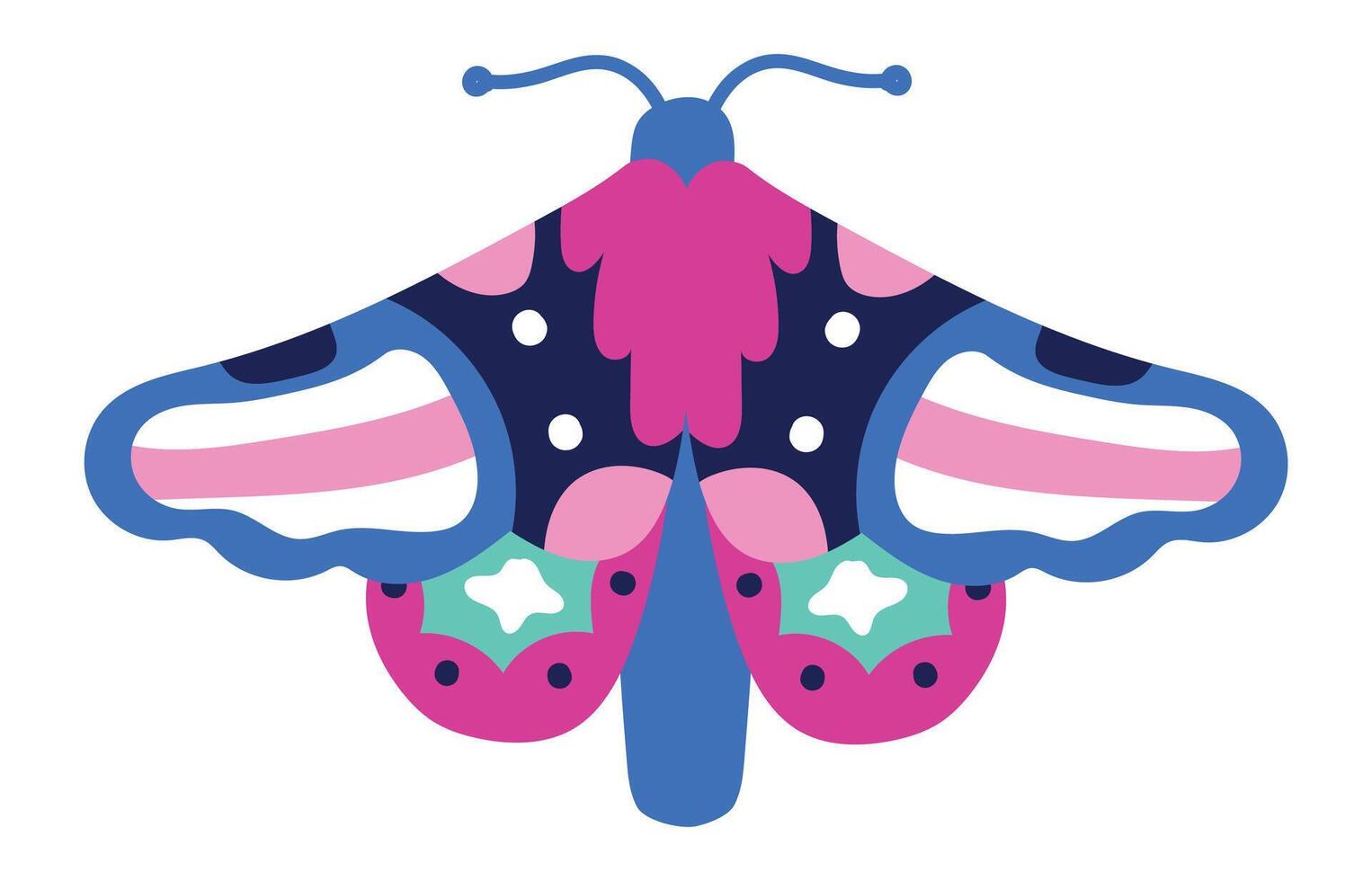 Colorful butterfly showing wings with abstract shapes creating a vibrant and playful design, perfect for children's illustrations, textile patterns, or any project needing a touch of whimsy vector