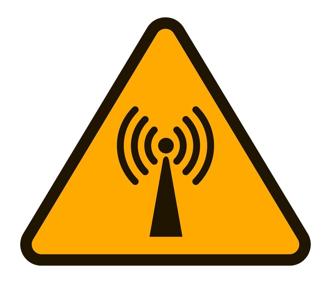 Yellow triangular warning sign featuring a stylized antenna emitting radio waves, symbolizing the potential health risks associated with exposure to non ionizing radiation vector