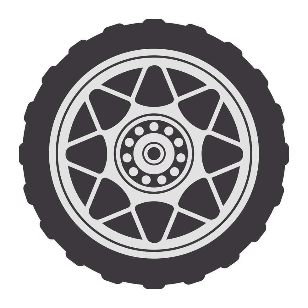 Close up view of a tire featuring a rim with eight triangular spokes and visible bolts securing the hub, isolated on a white background, ideal for automotive or transportation related projects vector