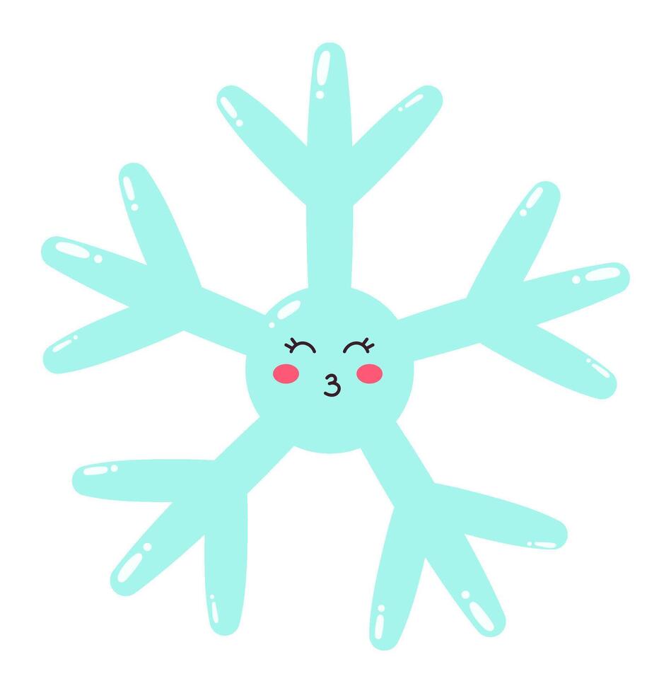 Light blue snowflake with kawaii face sending a kiss, isolated on white background, ideal for winter, christmas and new year greeting cards or social media posts vector