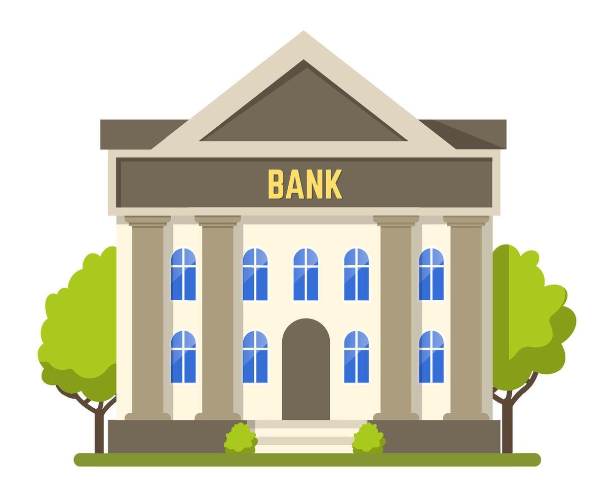 Classic bank building featuring elegant columns, a grand doorway, and nearby trees, symbolizing financial services, savings, loans, and investments in a thriving urban environment vector