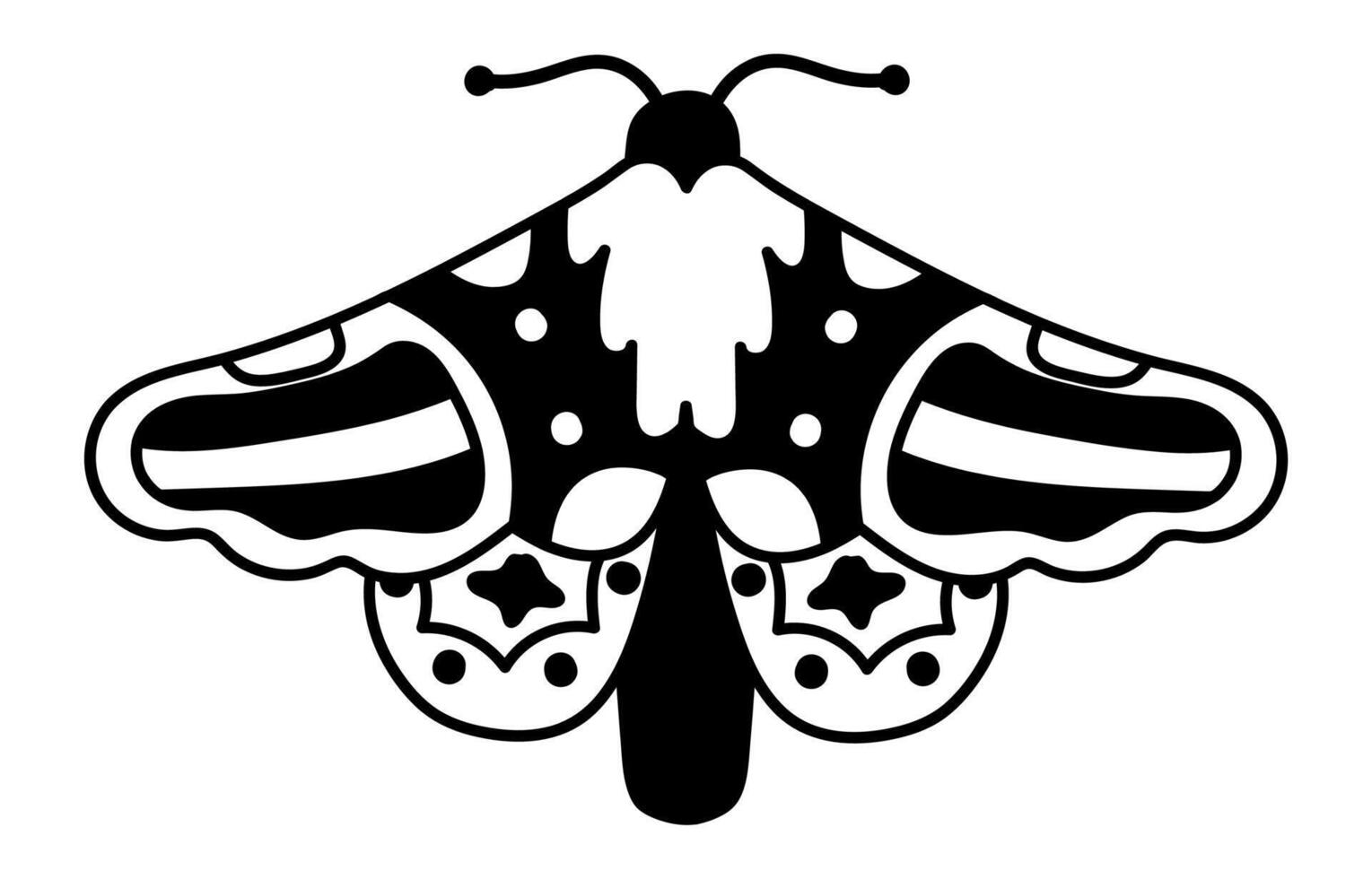 Illustration of a moth spreading its wings, showcasing decorative patterns and details in black and white, ideal for tattoo designs, textile prints, or graphic projects vector