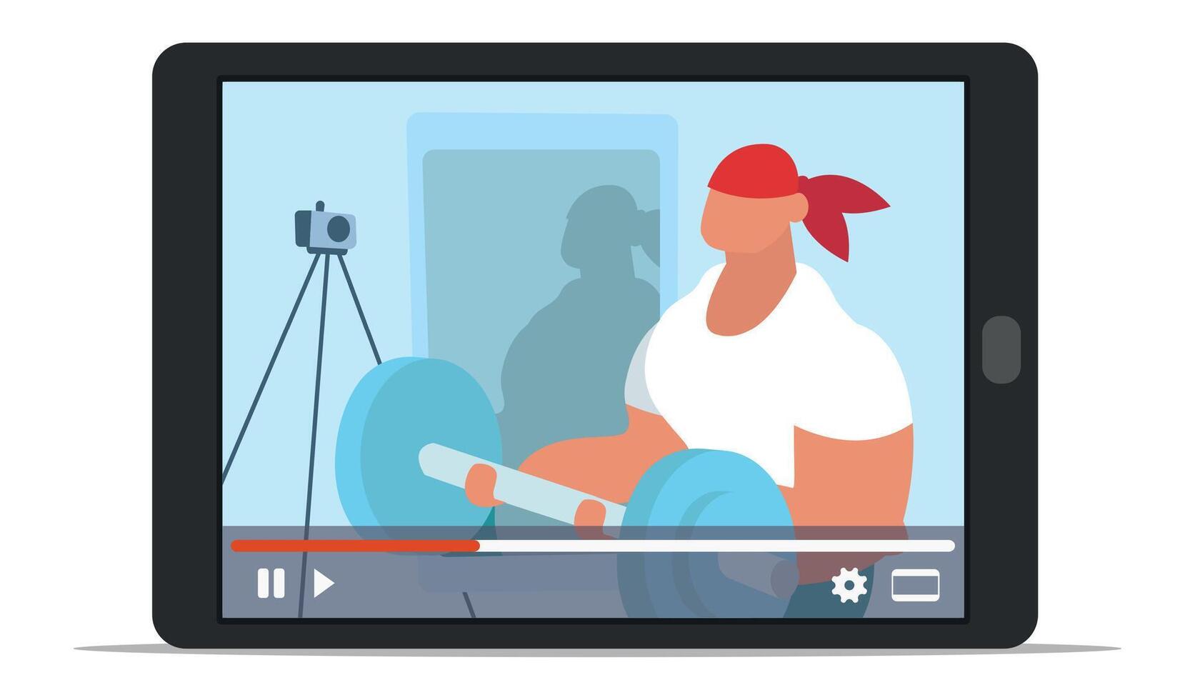 Strong athlete lifting weights while recording online fitness class with camera and tablet, promoting healthy lifestyle and home training during quarantine vector