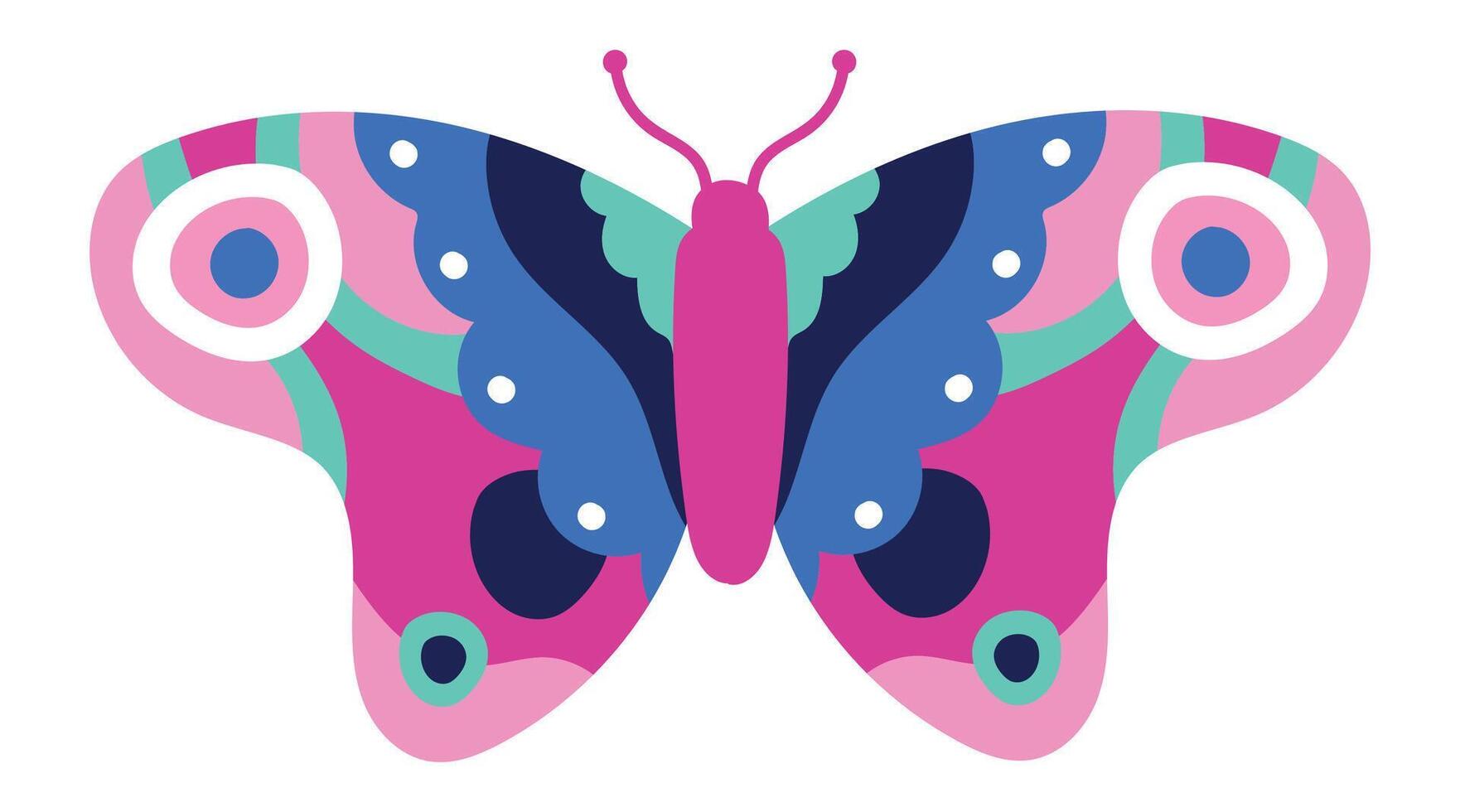 Pink, blue, and green butterfly with decorative patterns on wings creating a symmetrical design, ideal for nature, wildlife, and design projects vector