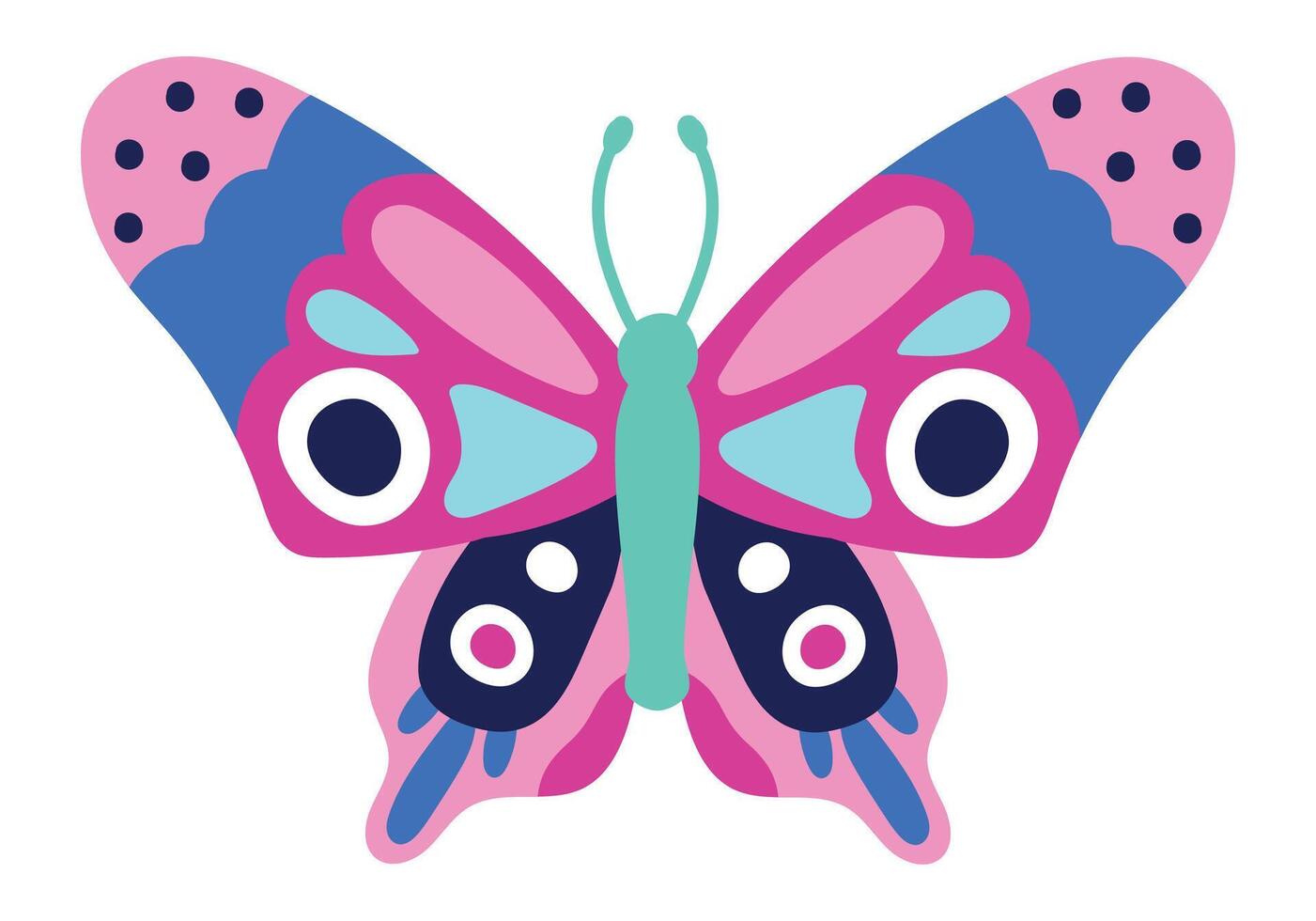 Pink butterfly adorned with blue decorations, featuring large black eyes and a light green body, displaying vibrant, colorful wings against a clean white background vector