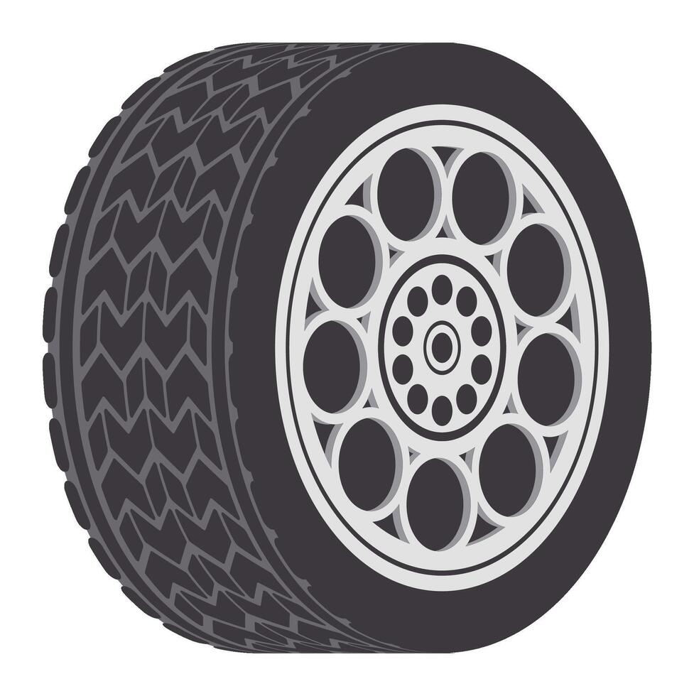 Car wheel featuring a detailed tread pattern rolls forward, embodying concepts of automotive parts, transportation solutions, and essential vehicle maintenance practices vector