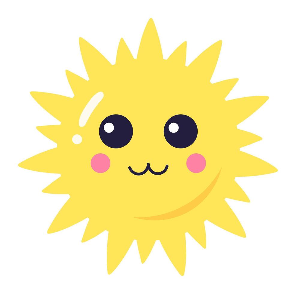 Cartoon sun character with a cute smiling face, pink cheeks and big eyes, bringing warmth and happiness, ideal for children's illustrations, weather forecasts, and summer themed projects vector
