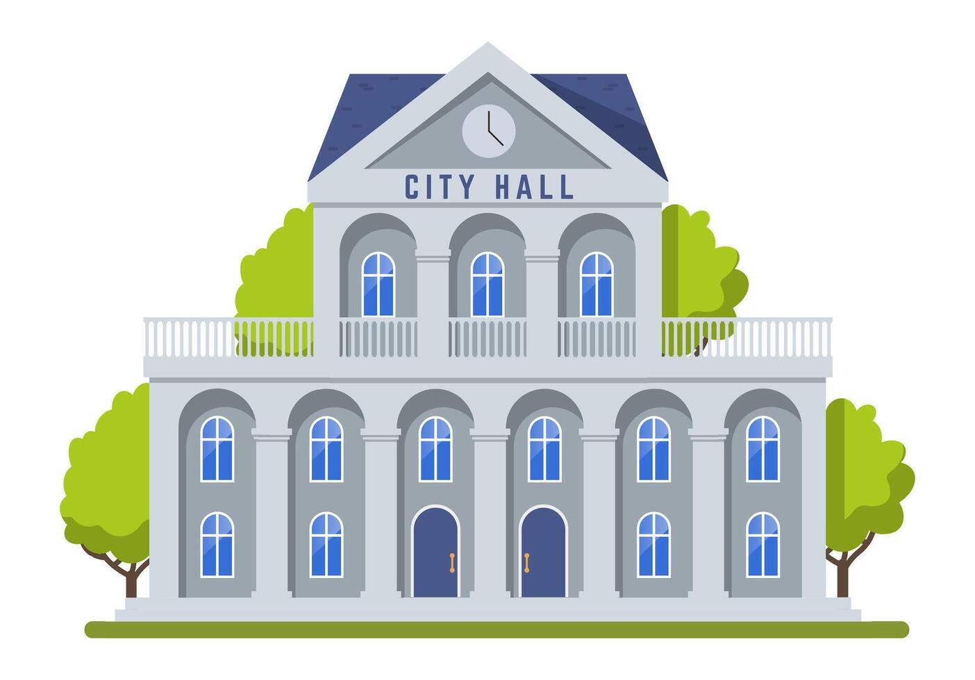 Classic government building, the City Hall, stands tall with a clock, trees, and blue framed windows, symbolizing civic administration and community governance vector