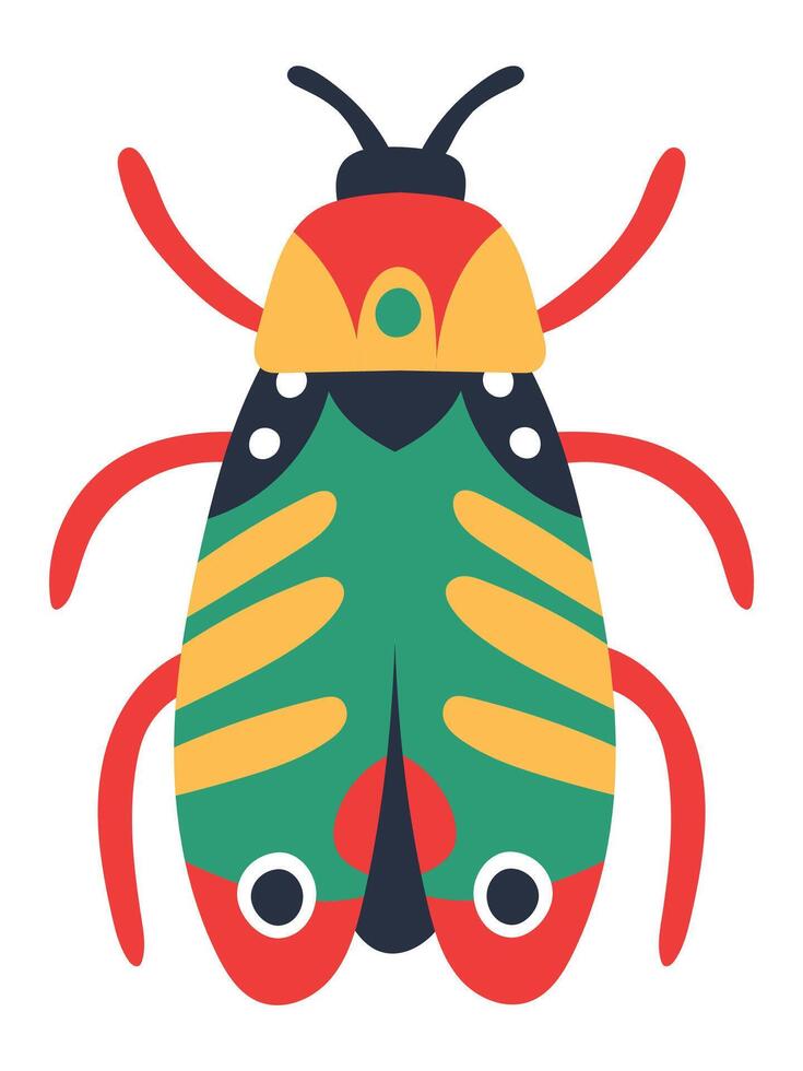 Colorful exotic insect spreading its wings and legs, showcasing vibrant colors and intricate patterns, perfect for nature inspired designs and entomological illustrations vector