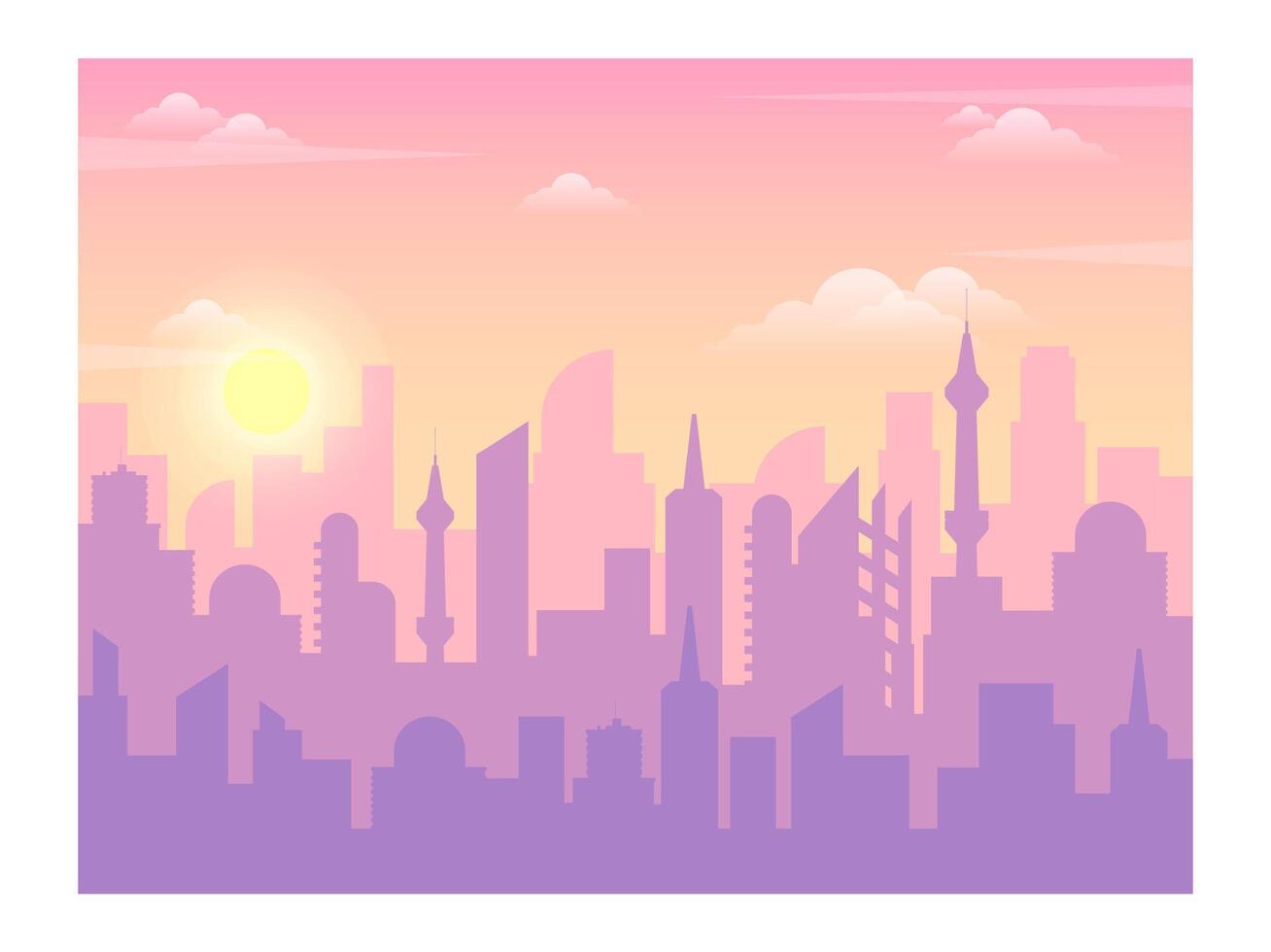 Modern urban skyline glowing at sunrise, featuring towering skyscrapers and diverse buildings. Soft pastel colors blend with a cloudy sky, creating a stunning cityscape vector