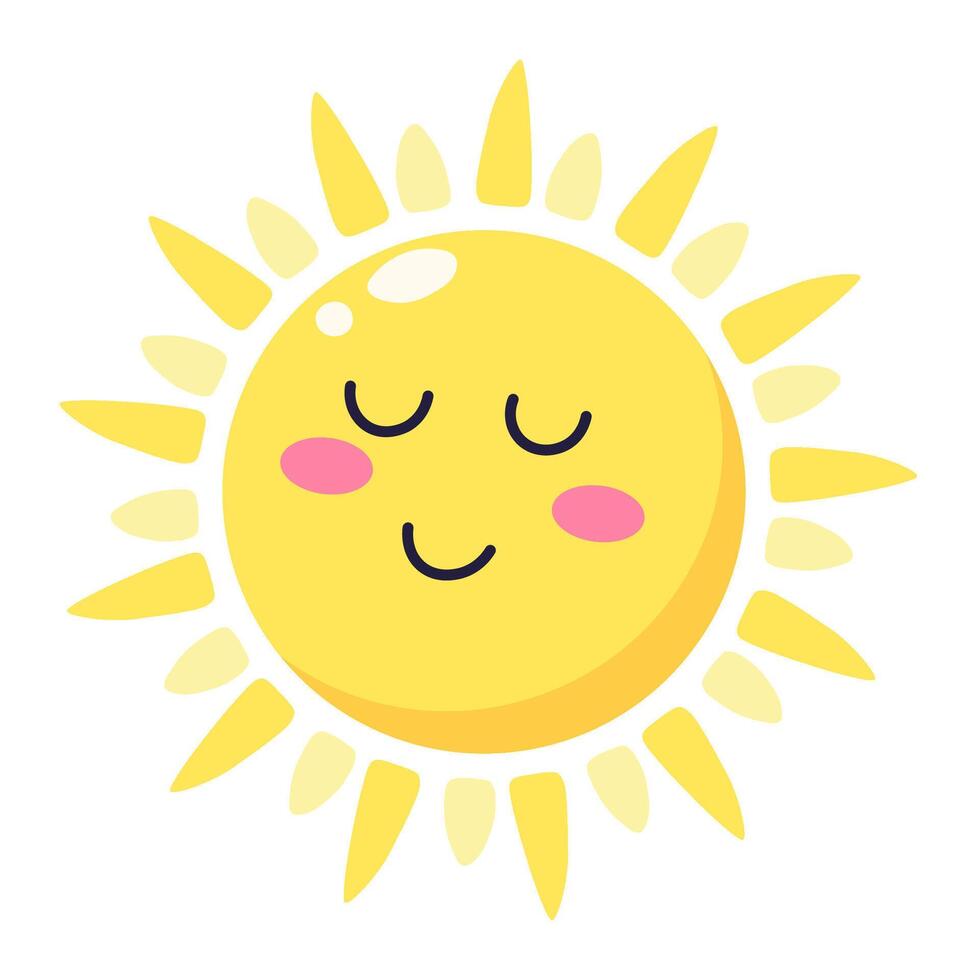 Cartoon illustration of a stylized sun character with closed eyes and a gentle smile, conveying a sense of warmth, happiness, and relaxation vector