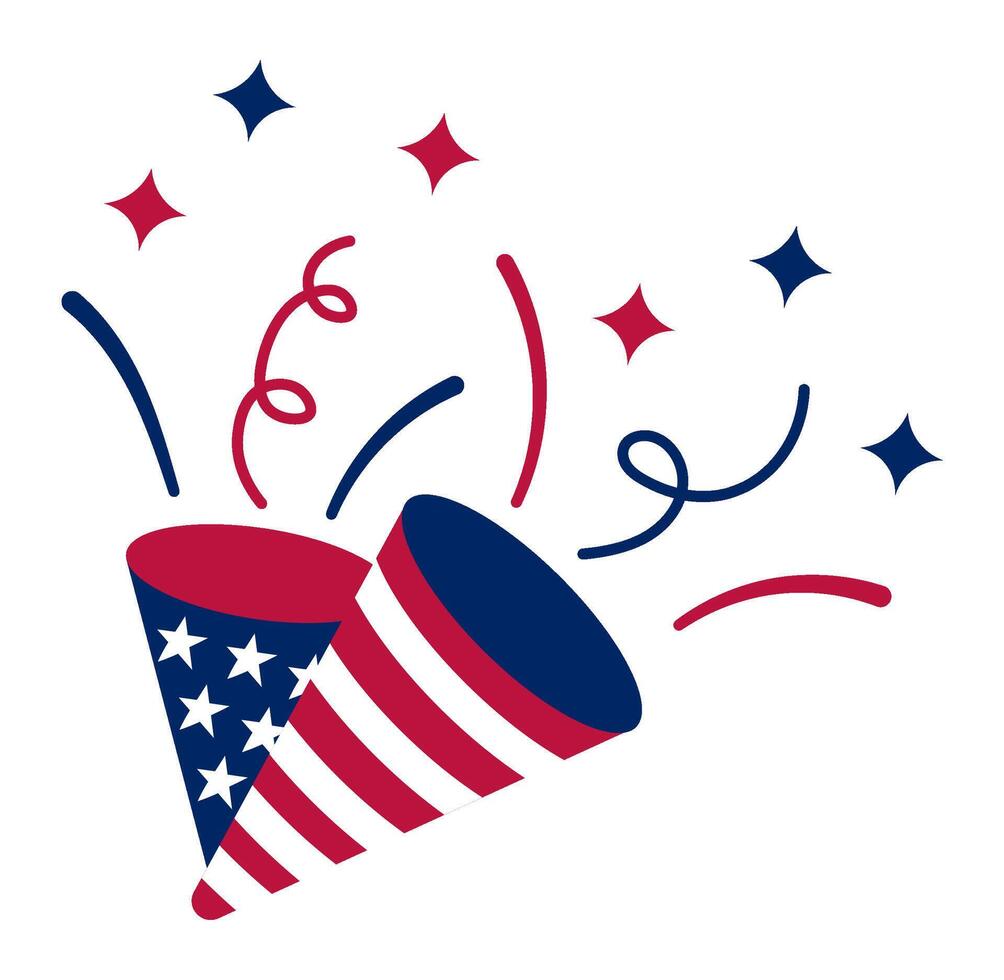 Party poppers exploding with red, white and blue confetti and a USA flag pattern are the perfect way to celebrate Independence Day and show your patriotism vector