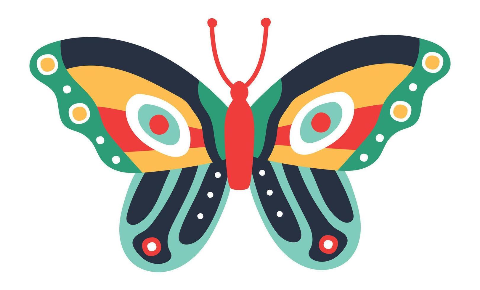 Butterfly with colorful wings showcasing a vibrant palette of red, yellow, green, and blue, creating an eye catching and cheerful design perfect for any artistic project vector