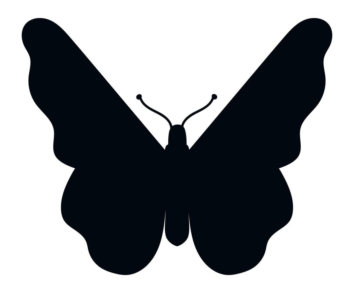 Black butterfly silhouette with open wings showing antennae, isolated on a white background, representing nature, beauty, and transformation vector