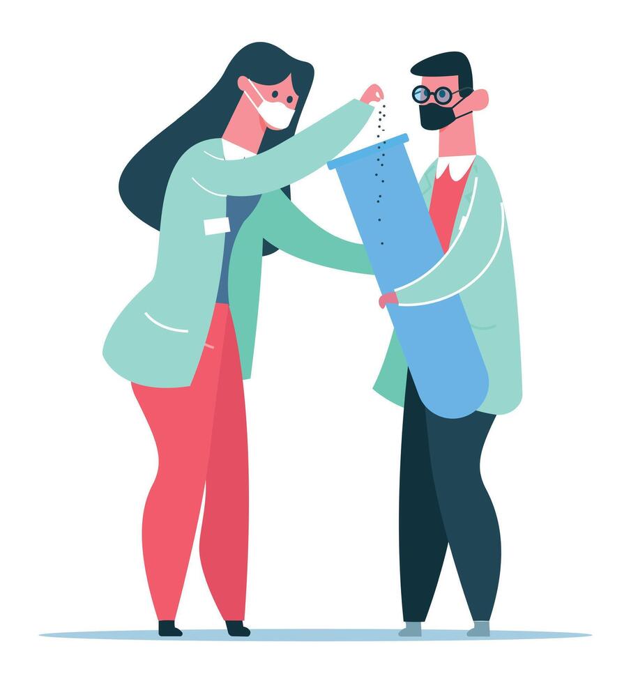 Two scientists wearing lab coats and masks are conducting an experiment. With one pouring a substance into a large test tube held by the other. Emphasizing teamwork and safety in scientific research vector