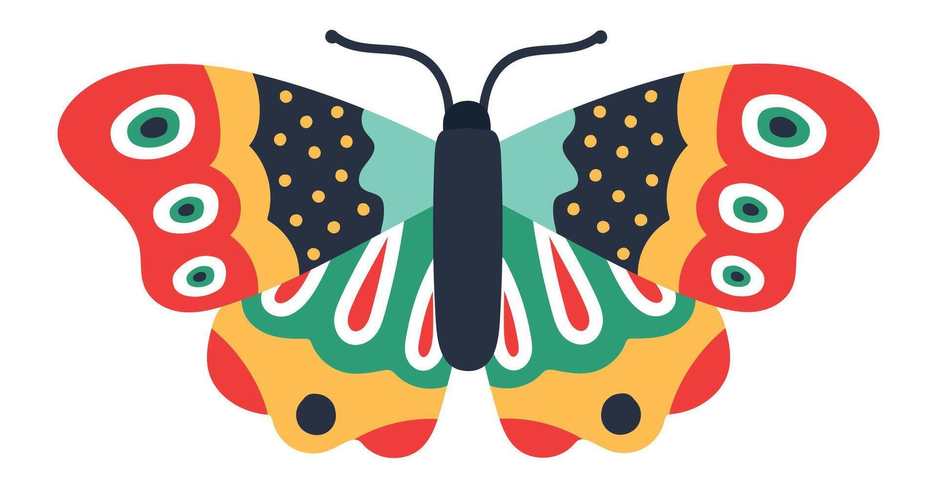 Vibrant butterfly with colorful wings featuring a symmetrical design and decorative patterns, representing beauty, nature, and entomology vector