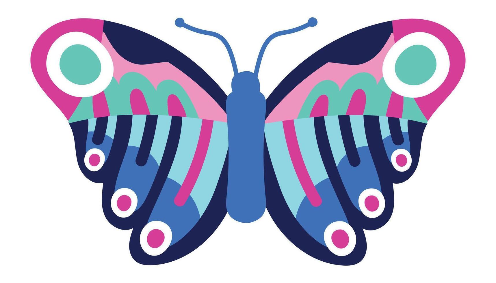 Vibrant butterfly with symmetrical wings displays a colorful pattern, featuring shades of pink, blue, and green, creating a visually appealing and decorative design vector