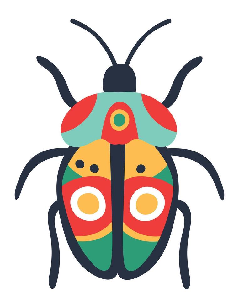 Cartoon illustration of a colorful bug with decorative patterns standing on a white background, showcasing bright colors and intricate details vector