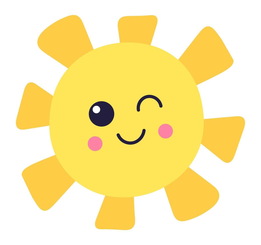Cheerful, winking sun character with rosy cheeks radiating joy and warmth, bringing playful charm and a delightful touch to any design or illustration. Perfect for summer themed projects vector