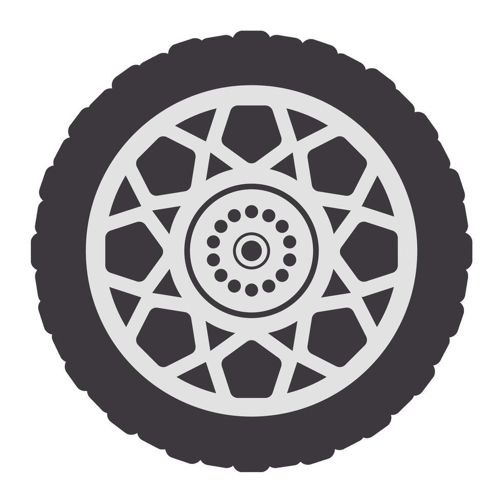 Grayscale illustration presents a detailed view of a car tire featuring a unique rim design, highlighting the tire tread and hubcap details against a clean white background vector