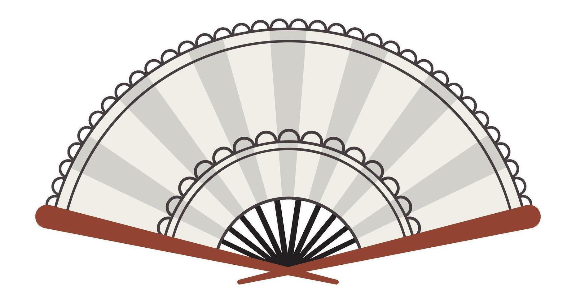 Hand fan with wooden sticks at the bottom and gray and white leaf radiating from center, creating a beautiful semicircle with a scalloped edge vector
