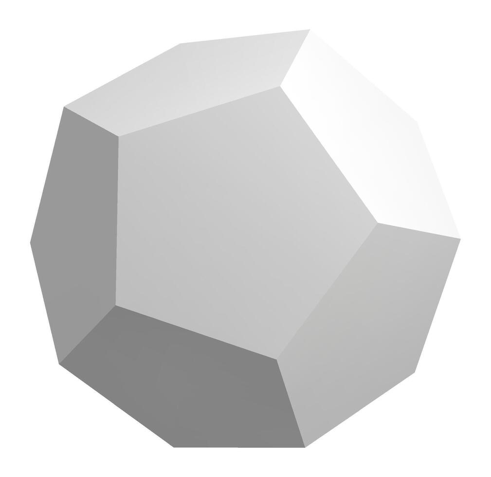 3D rendering featuring a gray dodecahedron rotating against a clean white background, crafting a minimalist and abstract composition enriched with dynamic light and shadow play vector