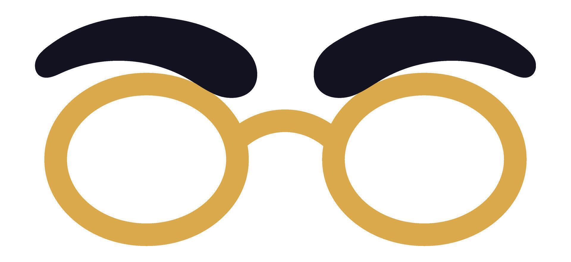 Round gold eyeglasses featuring thick black eyebrows create a humorous expression, evoking surprise or confusion against a clean, isolated white background vector