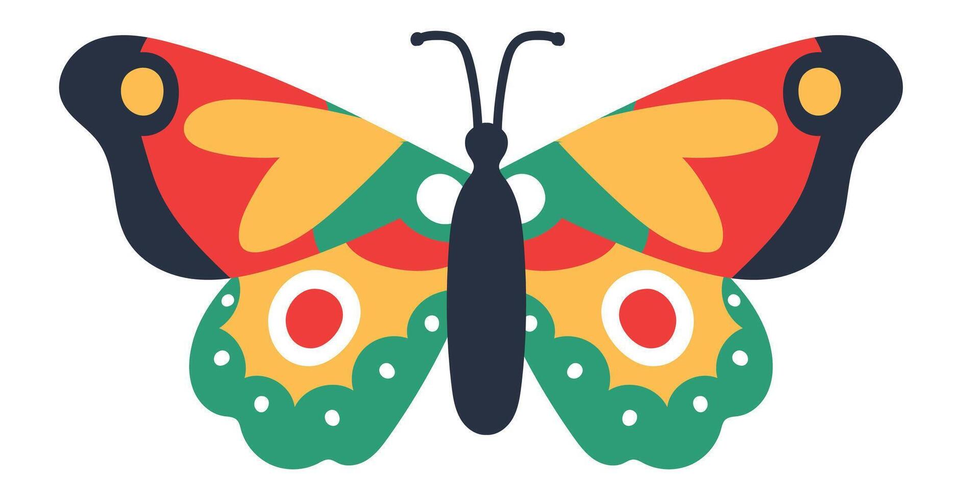 Colorful butterfly with open wings showing a symmetrical pattern with red, yellow, green and black colors, isolated on white background, ideal for children illustrations and nature related designs vector