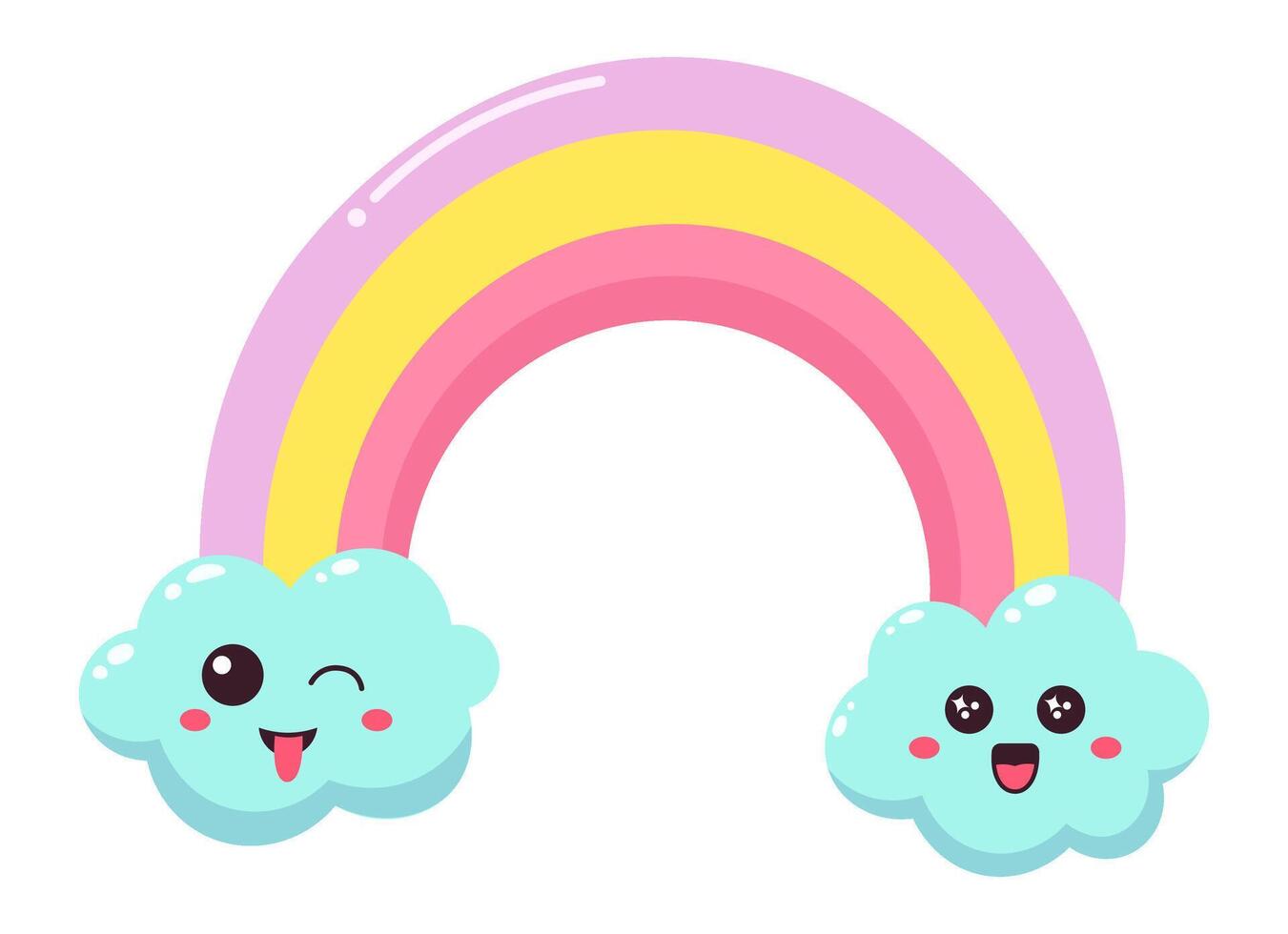 Rainbow arching over two kawaii clouds with happy faces winking and sticking out tongue, colorful illustration on white background, perfect for children projects vector
