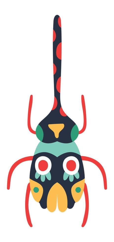 Cartoon illustration of a colorful bug with dotted antennas, red legs, and a stylized face, standing out against a clean white background, creating a vibrant and whimsical image vector
