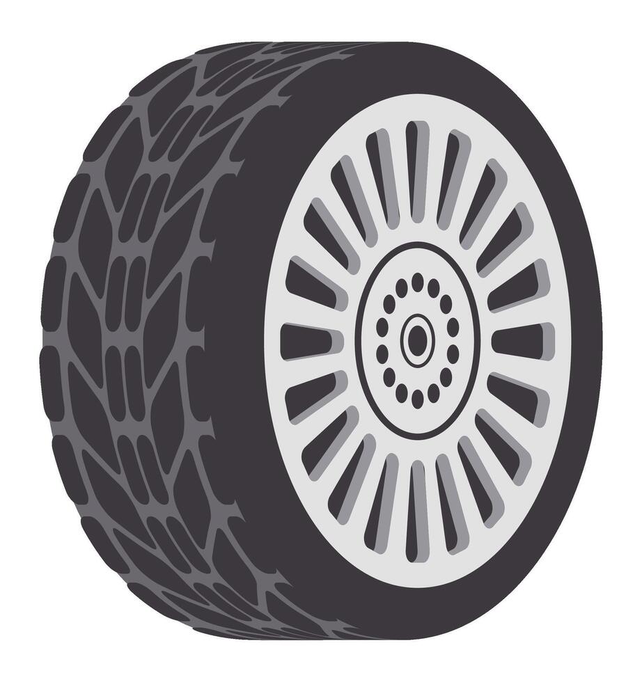 Car wheel featuring detailed tire tread and rim design, highlighting automotive parts, vehicle maintenance, and transportation themes. Emphasizing safety and performance in driving vector