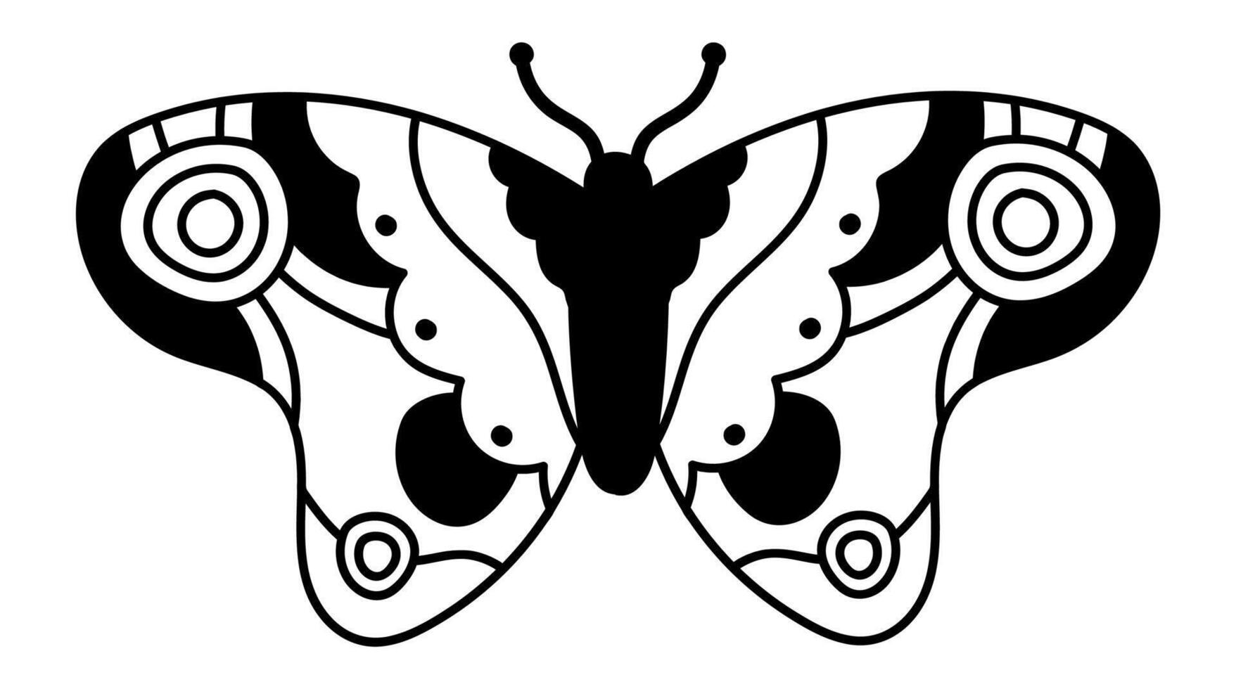 Symmetrical butterfly with spread wings, black body and antennae, decorated with black circular patterns and dots on white background, forming a stylized and elegant design vector