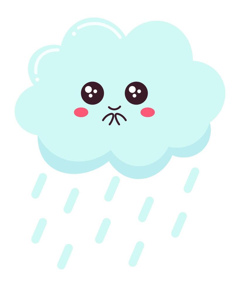 Sad cartoon cloud dripping rain on a clean white background, capturing the essence of rainy weather and expressing a playful take on a gloomy mood in a charming way vector