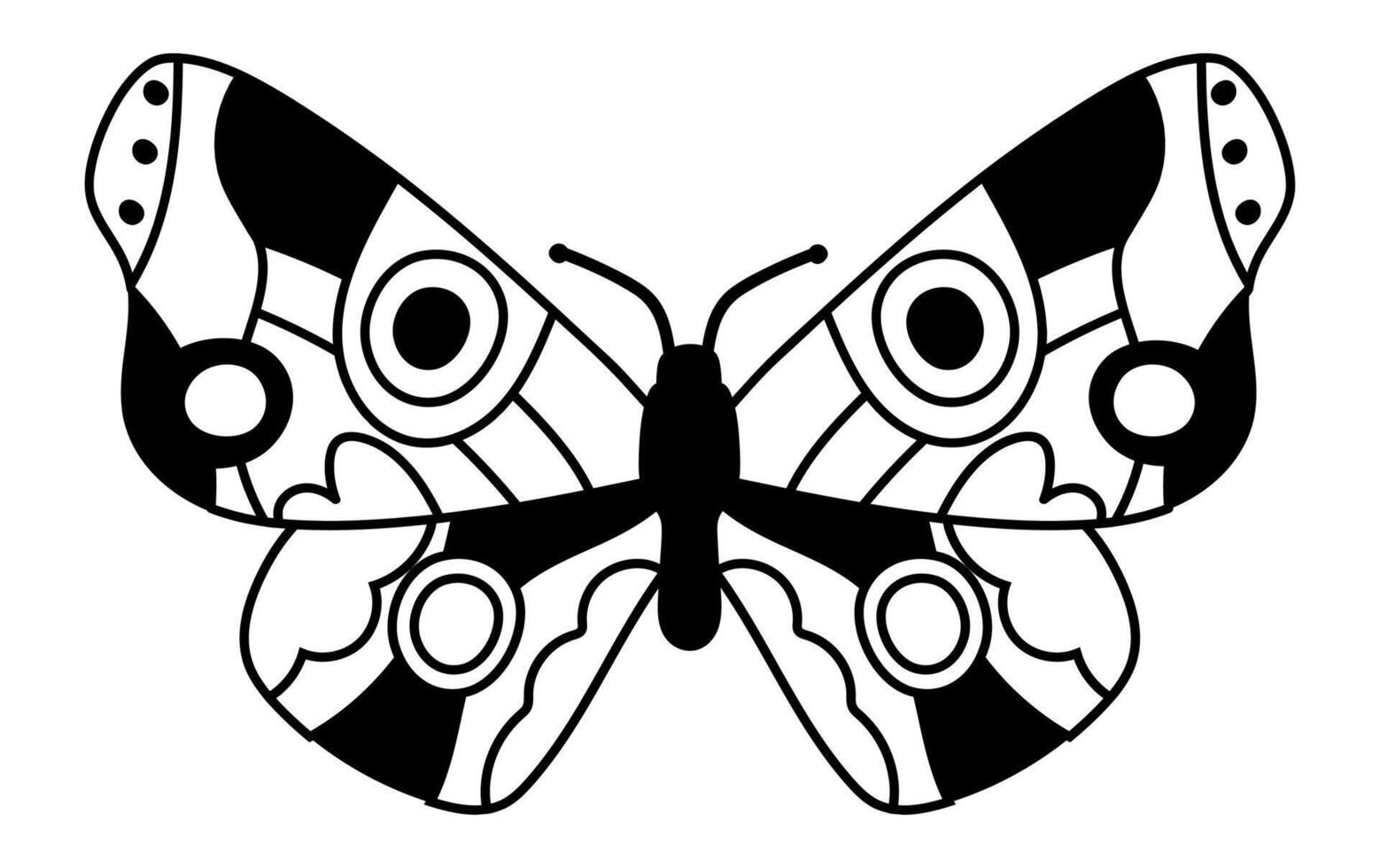 Black and white butterfly with large eyes and intricately patterned wings displays its captivating beauty, appealing to nature enthusiasts and serving as inspiration for tattoo designs vector