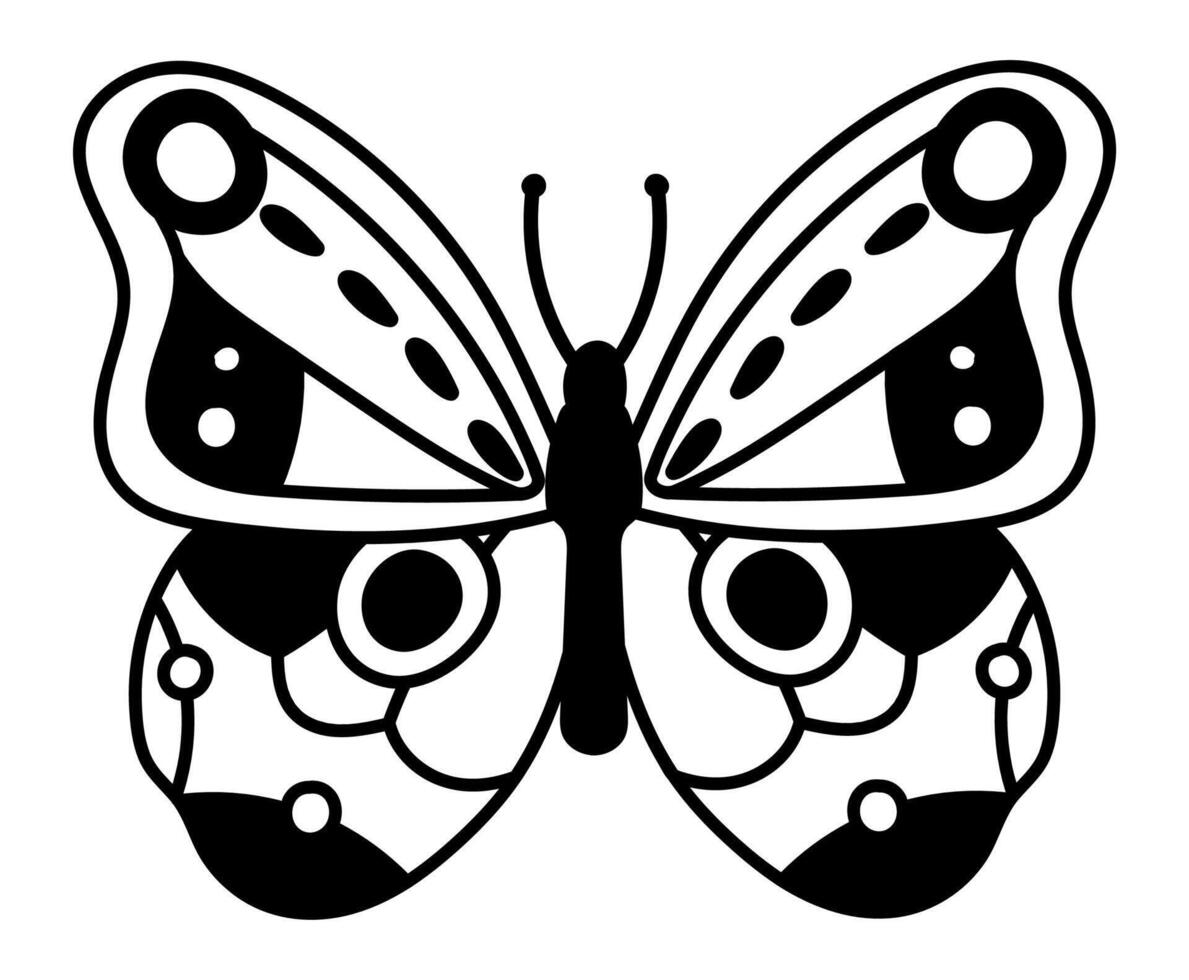 Stylized butterfly with patterned wings, antennae and body, creating a visually appealing design in monochrome, suitable for various design projects vector