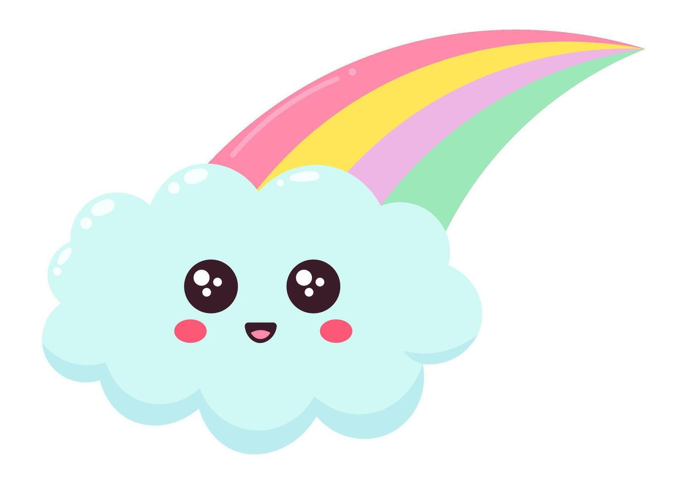 Pastel colored rainbow appearing from a happy smiling cumulus cloud, a illustration isolated on white background, ideal for children book illustrations or greeting cards vector