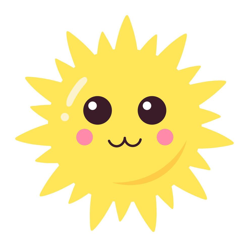 Bright yellow sun character with large eyes, rosy cheeks, and a gentle smile radiating warmth and joy against a clean white background, embodying cheerful energy and playful innocence vector