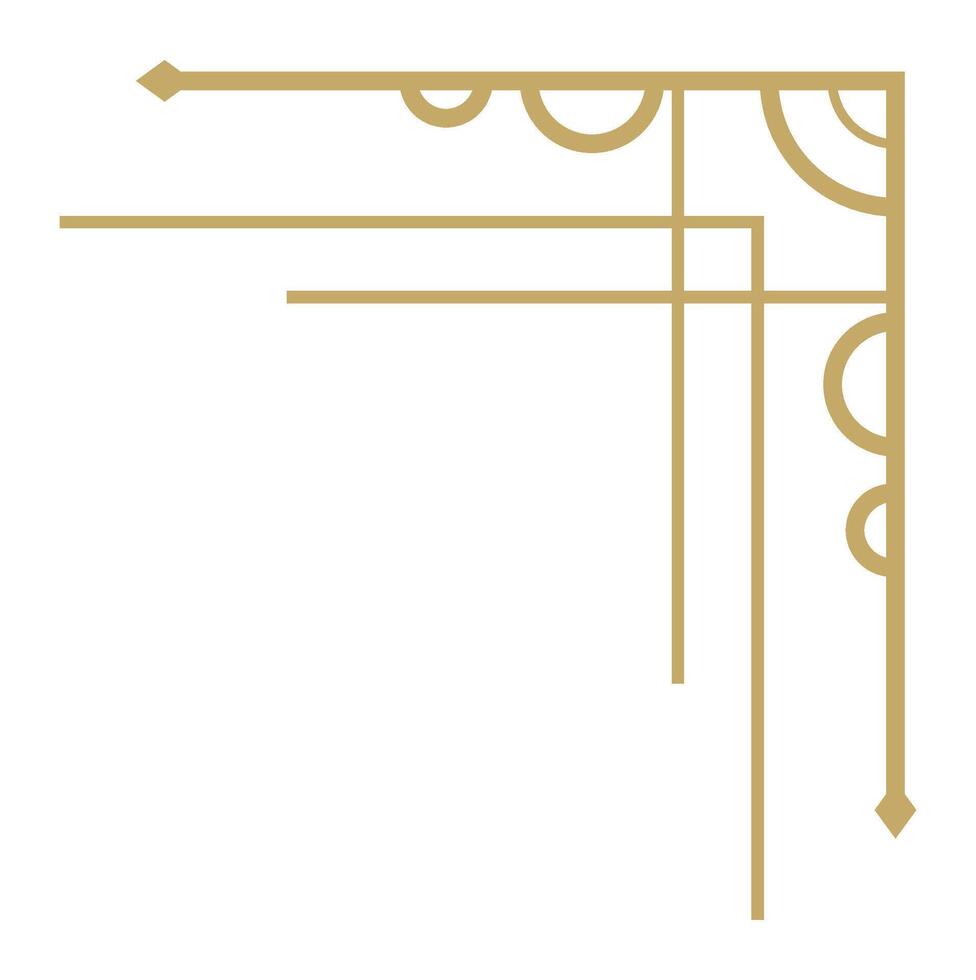 Geometric golden frame featuring art deco style elements like lines, semicircles, and rhombuses, creating an elegant vintage border perfect for decorative purposes vector