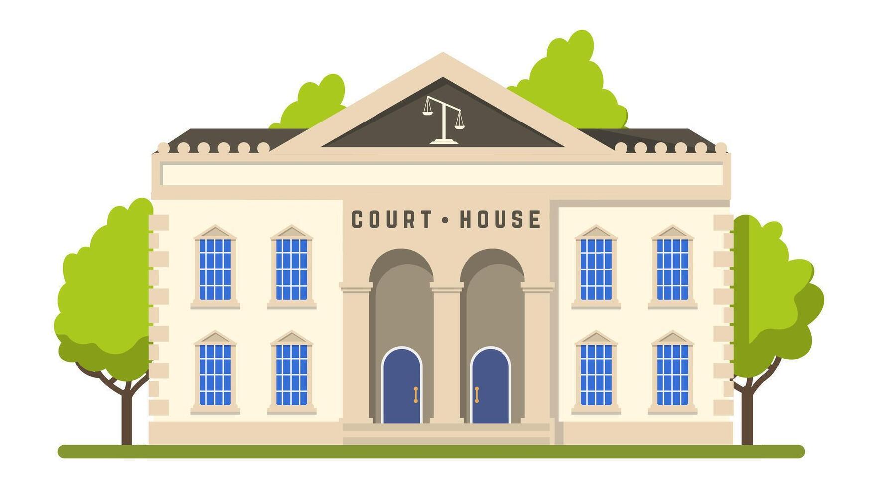 Courthouse building with scales of justice symbol on facade representing law, government, and justice system, with trees and lawn surrounding the building vector