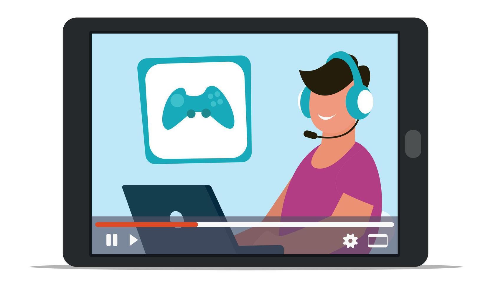game streamer wearing a headset, engaging with followers while playing games on a tablet and broadcasting live online, creating entertaining content in the gaming community vector