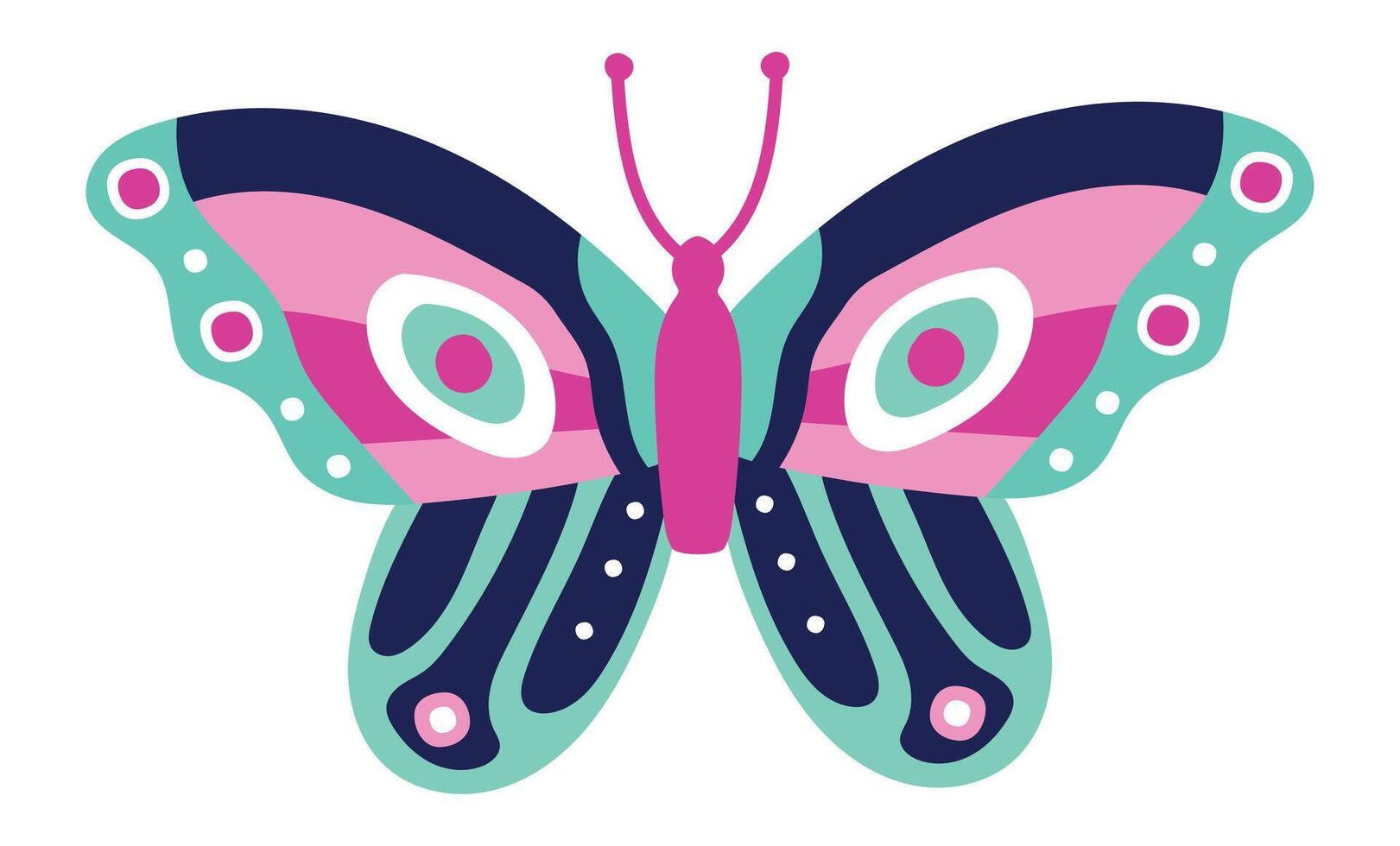 Butterfly with pink, turquoise and dark blue wings featuring circles and stripes, creating a whimsical and eye catching design perfect for children's illustrations or nature inspired projects vector