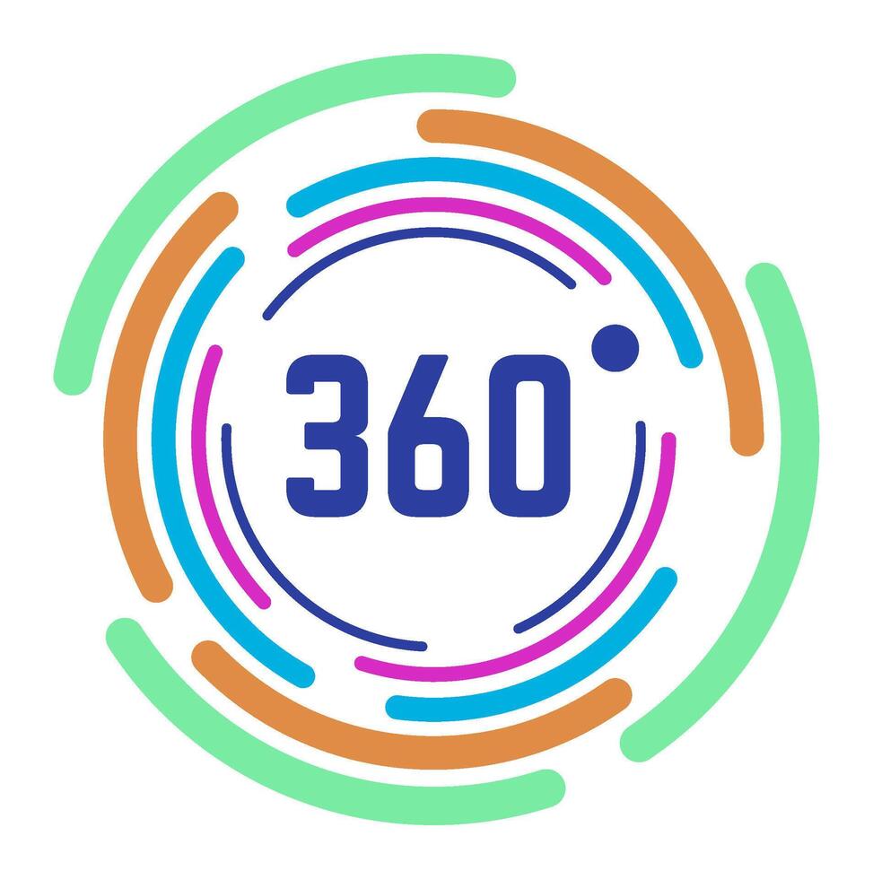 Colorful rounded lines encircling the number 360, representing concepts of virtual reality and augmented reality while evoking immersive experiences in a modern digital landscape vector
