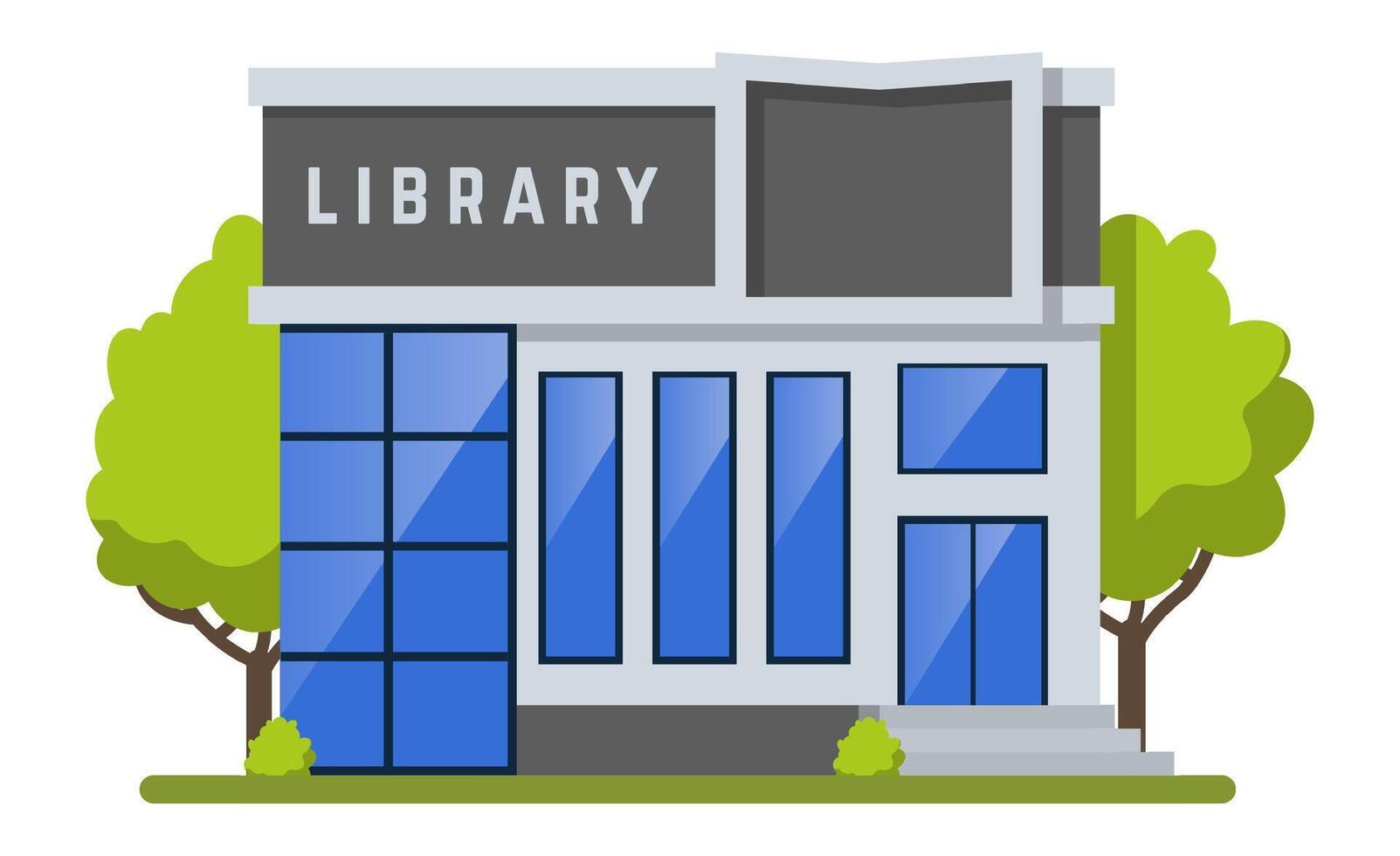 Modern library building with blue windows and trees, embodying the importance of knowledge, learning, and community resources in a vibrant urban setting vector