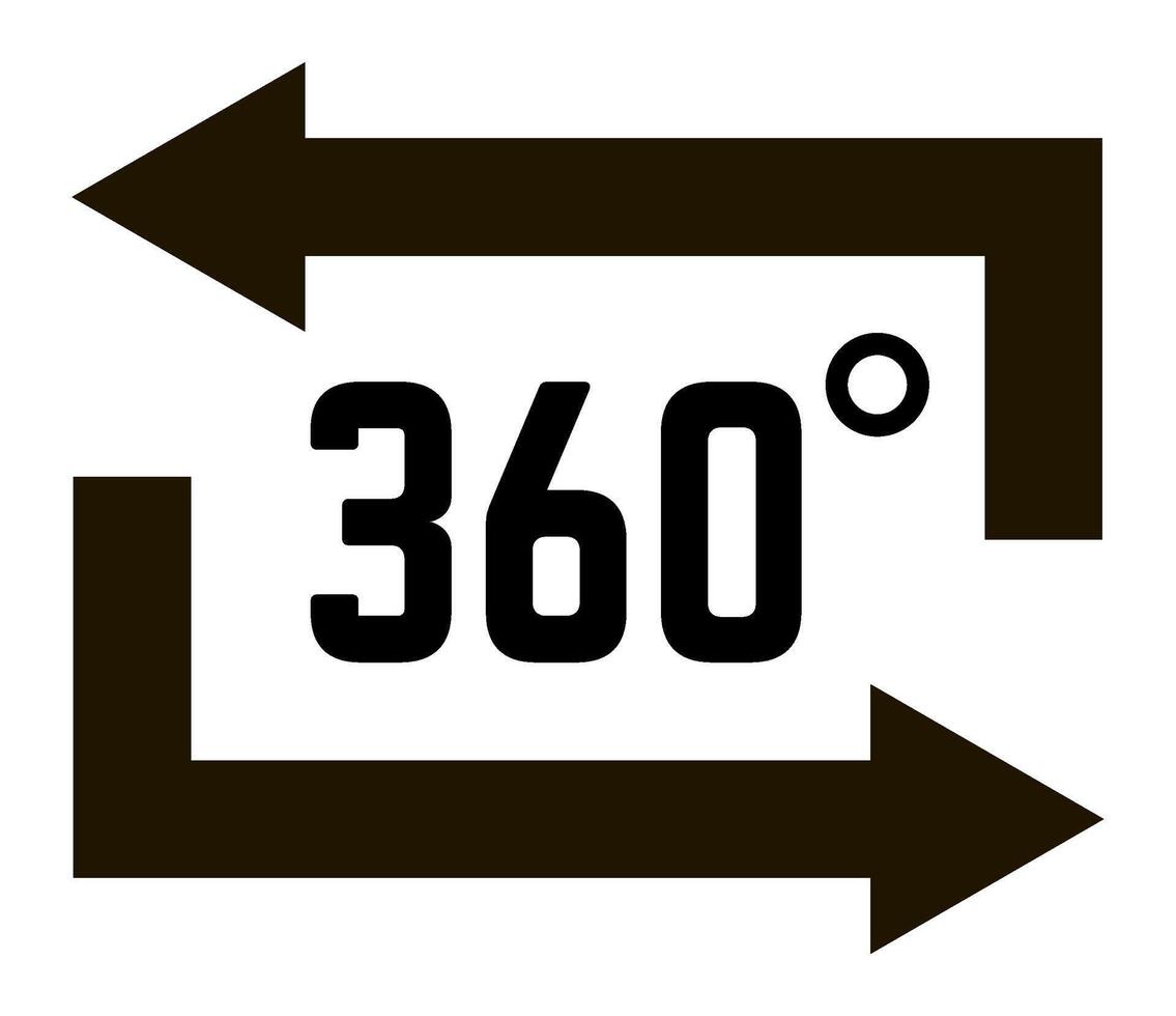 Two black arrows rotating clockwise around 360 degrees number symbolizing full panoramic view, virtual tour, immersive experience, augmented reality and modern technology vector